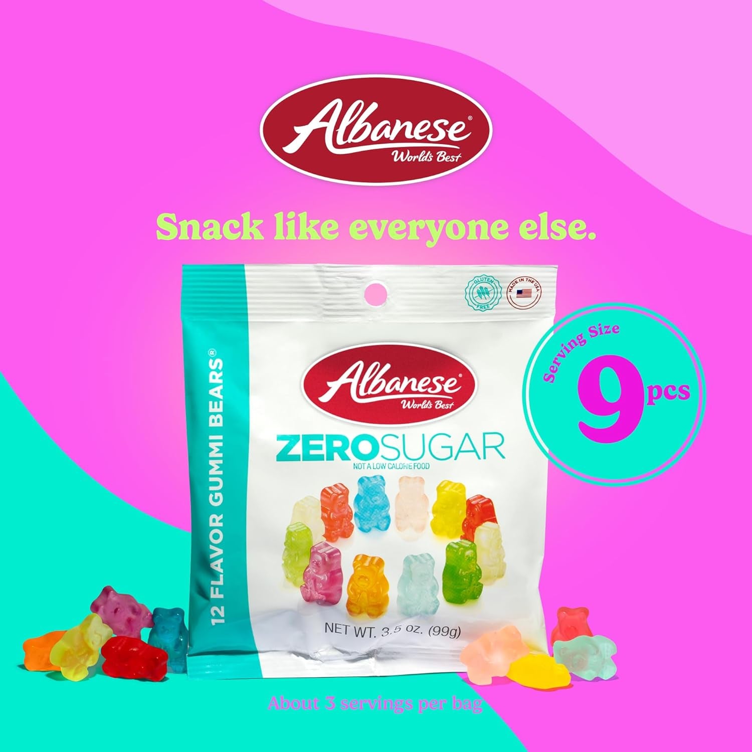 Albanese Candy, Sugar Free 12 Flavor Gummi Bears, 3.5 Oz. Bag, Case of 12