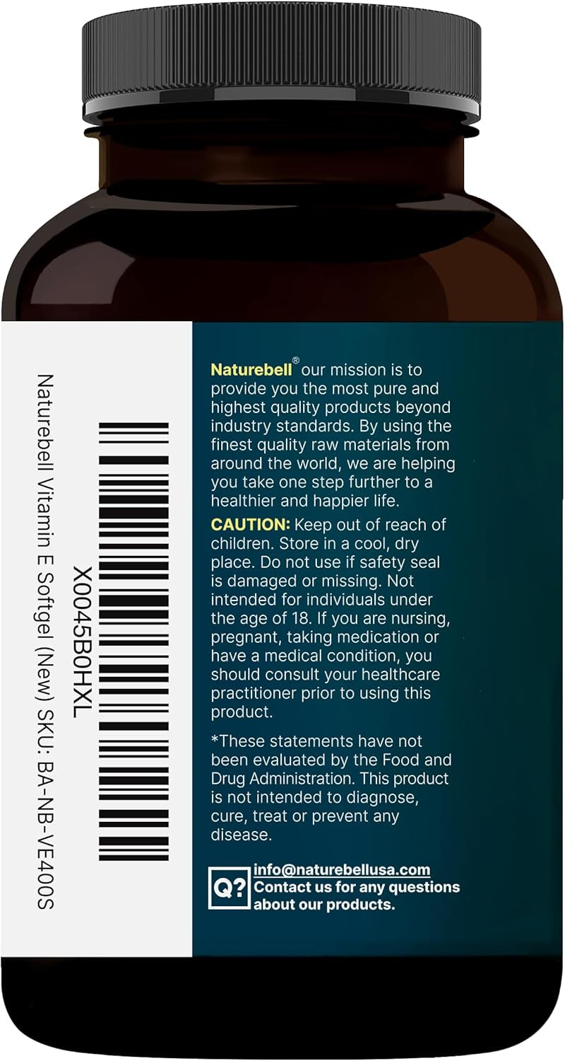 Naturebell Vitamin E Oil Softgels, 400Iu per Serving, 400 Pills | Essential Antioxidant Supplements, Easily Absorbed Form – Supports Skin, Heart, & Immune Health – Non-Gmo
