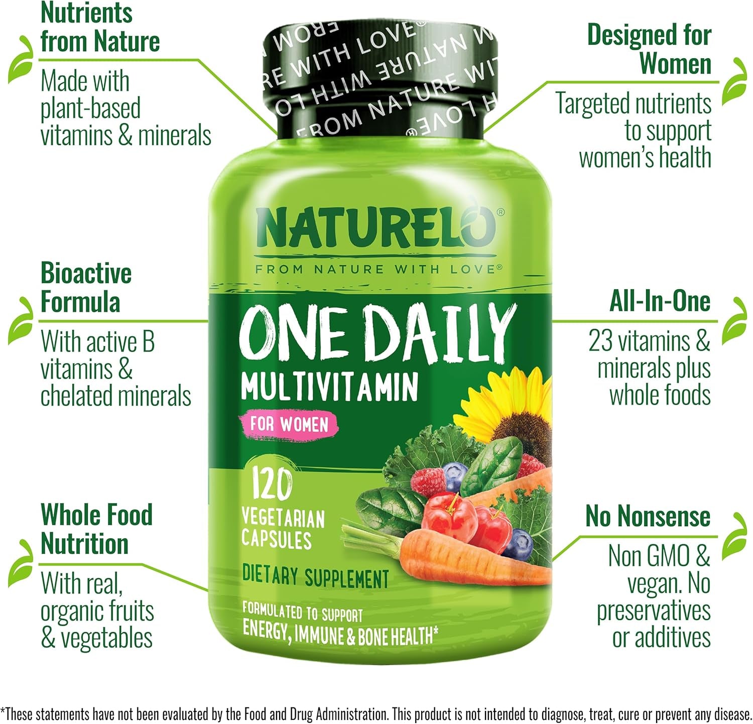 NATURELO One Daily Multivitamin for Women W/Vitamin B12, 120 Ct, Energy Support, Whole Food Daily Women Multivitamin Supplement, Nourish Hair/Skin/Nail, Non-Gmo, No Soy, Gluten Free, 4 Month Supply