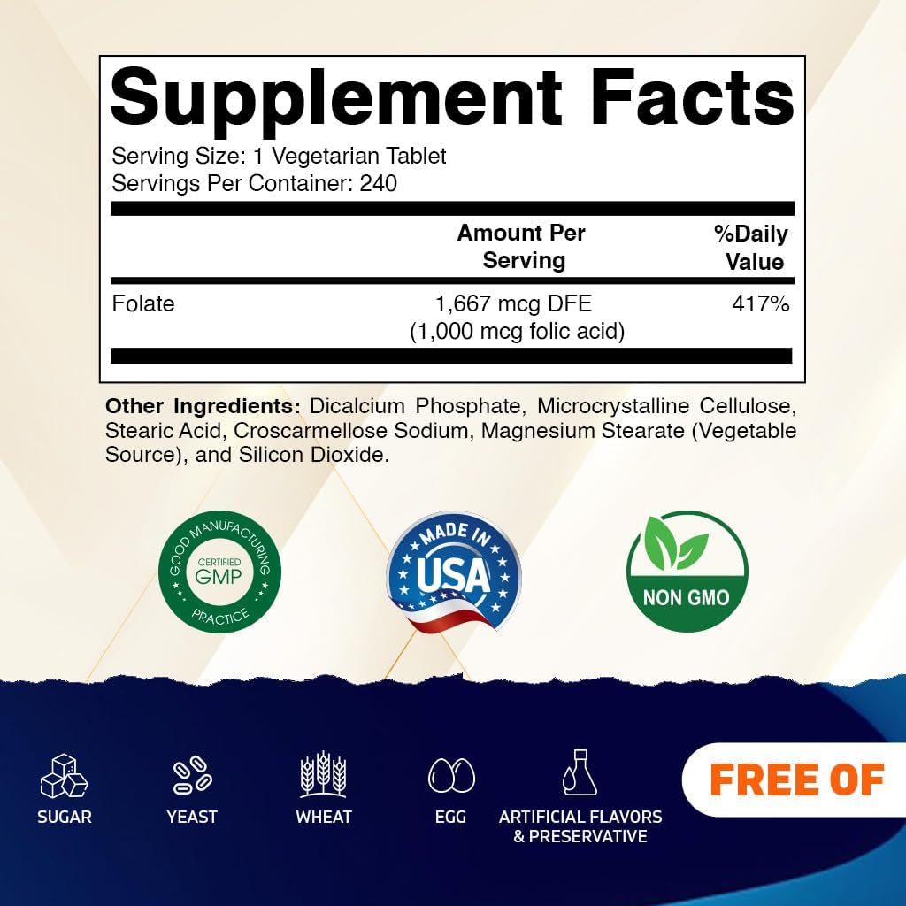 Folic Acid 1000 Mcg (1 Mg) - Vegetarian Tablets - 1667 Mcg DFE - Vitamin B9 (240 Count (Pack of 1))