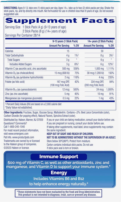 Emergen-C Immune plus Crystals, On-The-Go Immune Support Supplement with Vitamin C, Vitamin D, B Vitamins, Zinc and Manganese, Berry Lemonade - 28 Stick Packs