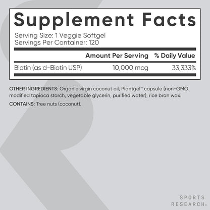 Sports Research® Biotin 10,000Mcg with Organic Coconut Oil - Biotin (Vitamin B7) for Healthy Skin and Hair Support* - for Women and Men - Vegan, Non-Gmo, Gluten & Soy-Free - 120 Veggie Softgels