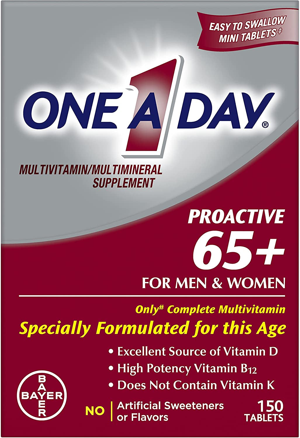 One a Day Proactive 65+, Mens & Womens Multivitamin, Supplement with Vitamin A, C, D, and Zinc to Support Bone Health & Cell Health, Calcium, Folic Acid, Tablet 150 Count