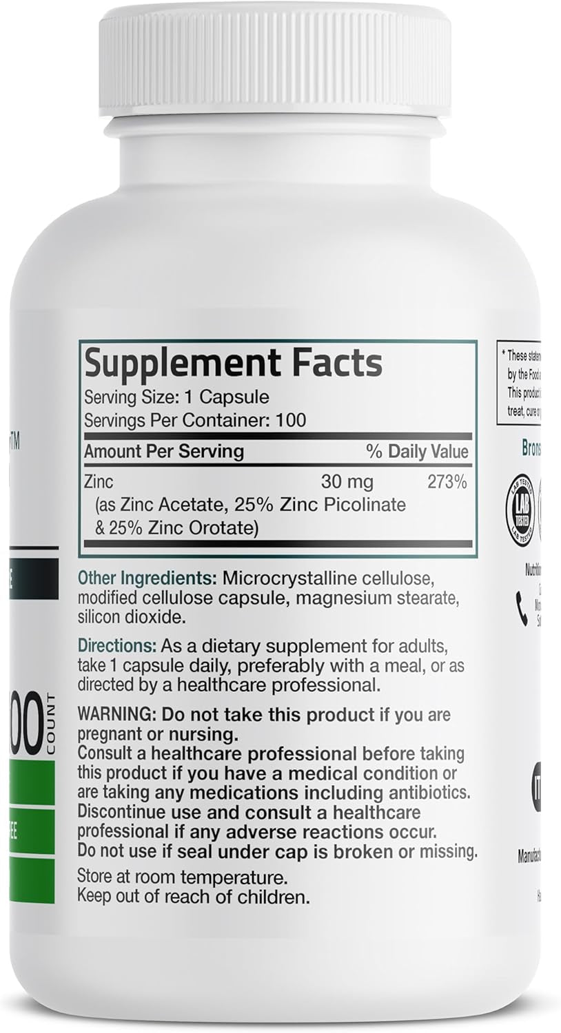 Bronson Zinc Triple Play 30 Mg Triple Coverage Immune Support with Zinc Acetate, Picolinate & Orotate - Immune, Antioxidant & Skin Health Support - 100 Vegetarian Capsules