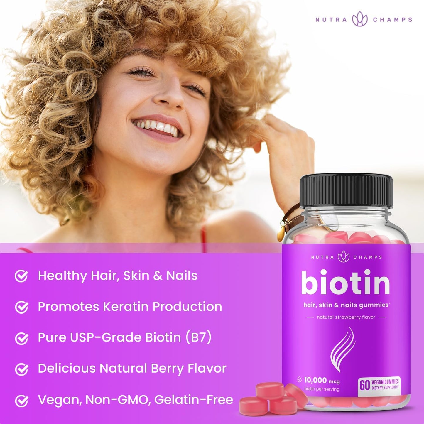 Nutrachamps (2 Pack) Biotin Gummies 10,000Mcg [High ] for Healthy Hair, Skin & Nails for Adults & Kids - 5000Mcg in Each Gummy Vitamin - Vegan, Non-Gmo, Pectin-Based Hair Health Supplement