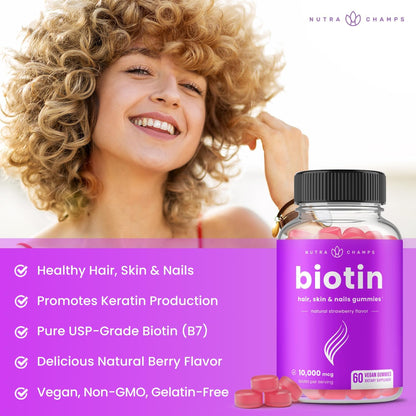 Nutrachamps (2 Pack) Biotin Gummies 10,000Mcg [High ] for Healthy Hair, Skin & Nails for Adults & Kids - 5000Mcg in Each Gummy Vitamin - Vegan, Non-Gmo, Pectin-Based Hair Health Supplement