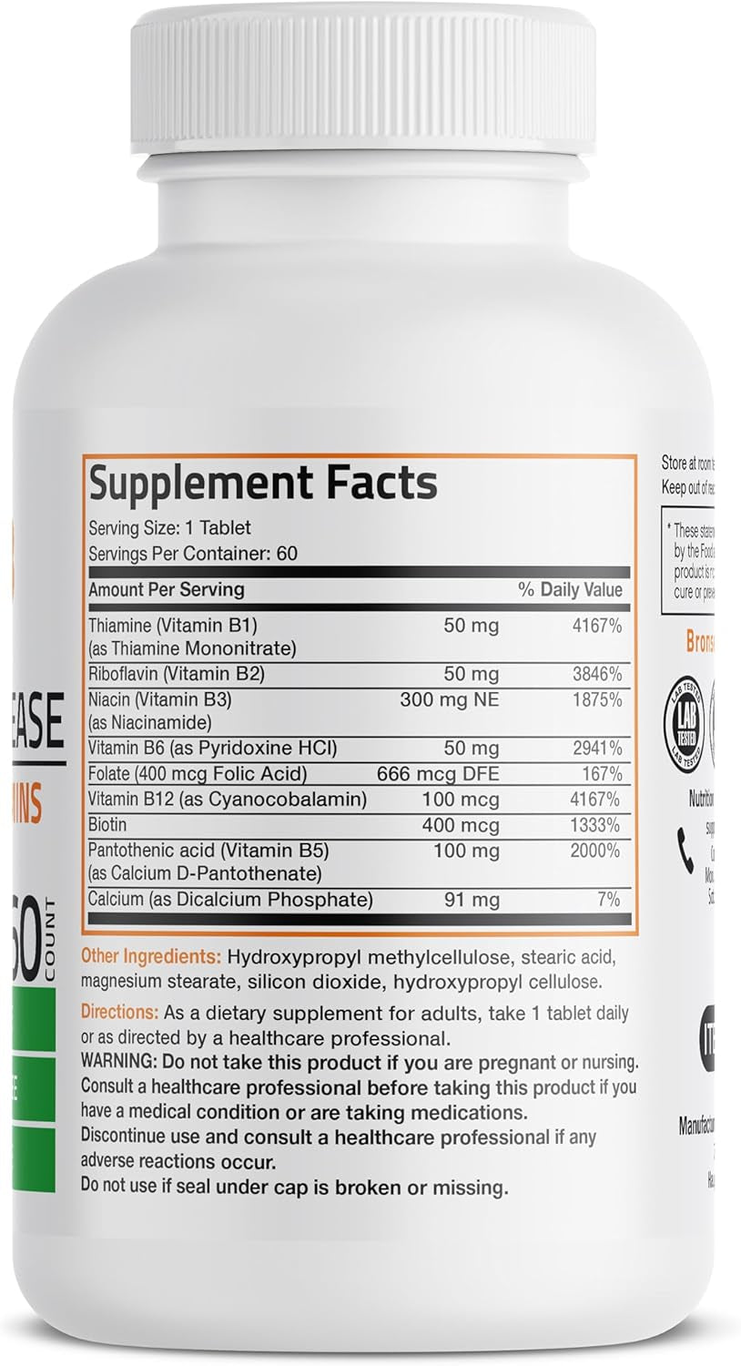 Bronson Super B Vitamin B Complex Sustained Slow Release (Vitamin B1, B2, B3, B6, B9 - Folic Acid, B12) Contains All B Vitamins 60 Tablets
