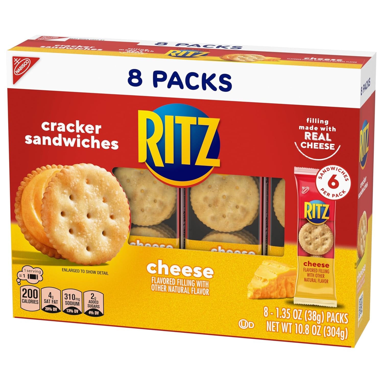 RITZ Cheese Sandwich Crackers, Lunch Snacks, 8 Ct. Case of 6