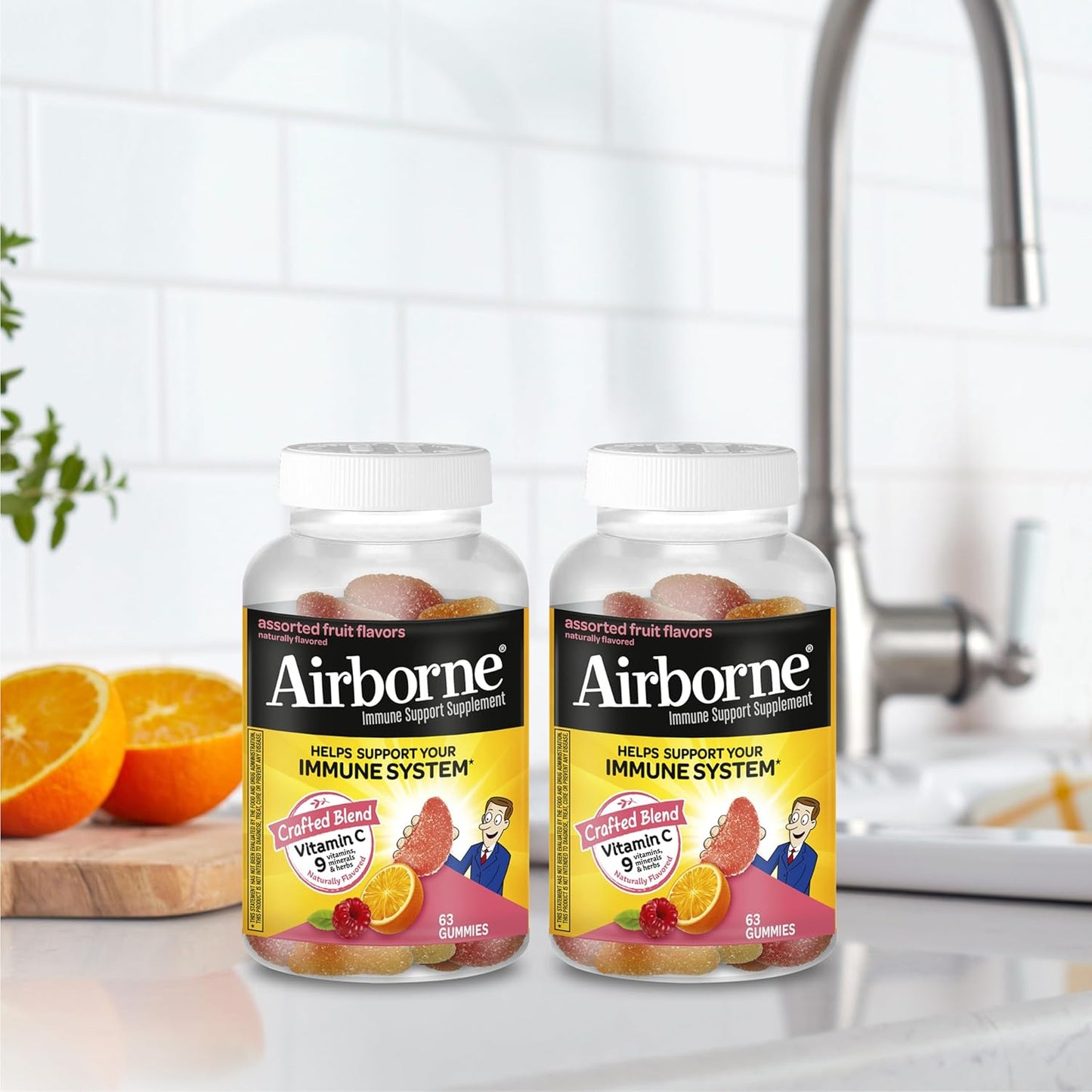 Airborne 750Mg Vitamin C Gummies for Adults, Immune Support Gummies with Powerful Antioxidants VIT C & E, Caffeine Free - 2X63Ct Bottle (42 Servings), Assorted Fruit Flavor