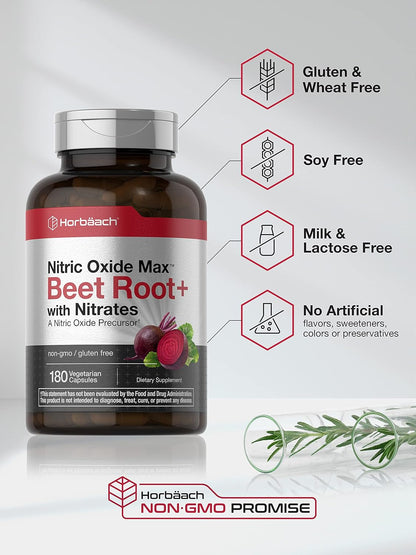 Horbäach Nitric Oxide Beet Root Capsules | 180 Count | with Nitrates and Precursor | for Men and Women | Vegetarian, Non-Gmo, Gluten Free Supplement