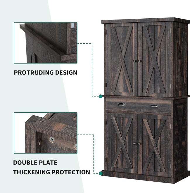 Kitchen Pantry Storage Cabinet, 72'' with Large Drawer and Adjustable Shelves, Dark Rustic Oak