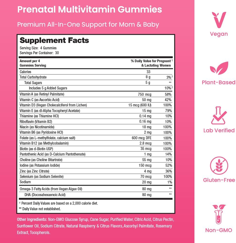 Prenatal Vitamin Gummies with DHA | Vegan Prenatal Vitamins for Women with Omega 3, Methylfolate, Choline & D3, Pregnancy Vitamins for Fetal Development | Gummy Multivitamin Supplement, 120 Count