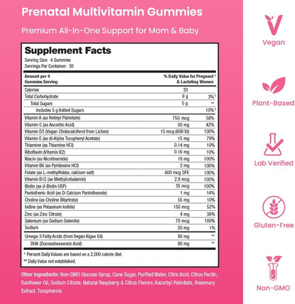 Prenatal Vitamin Gummies with DHA | Vegan Prenatal Vitamins for Women with Omega 3, Methylfolate, Choline & D3, Pregnancy Vitamins for Fetal Development | Gummy Multivitamin Supplement, 120 Count