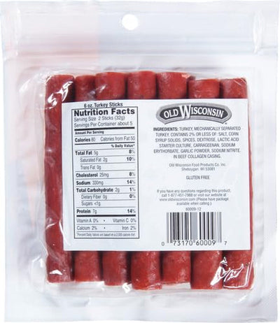 Old Wisconsin Turkey Sausage Snack Sticks, Naturally Smoked, Ready to Eat, High Protein, Low Carb, Keto, Gluten Free, 6 Ounce Resealable Package