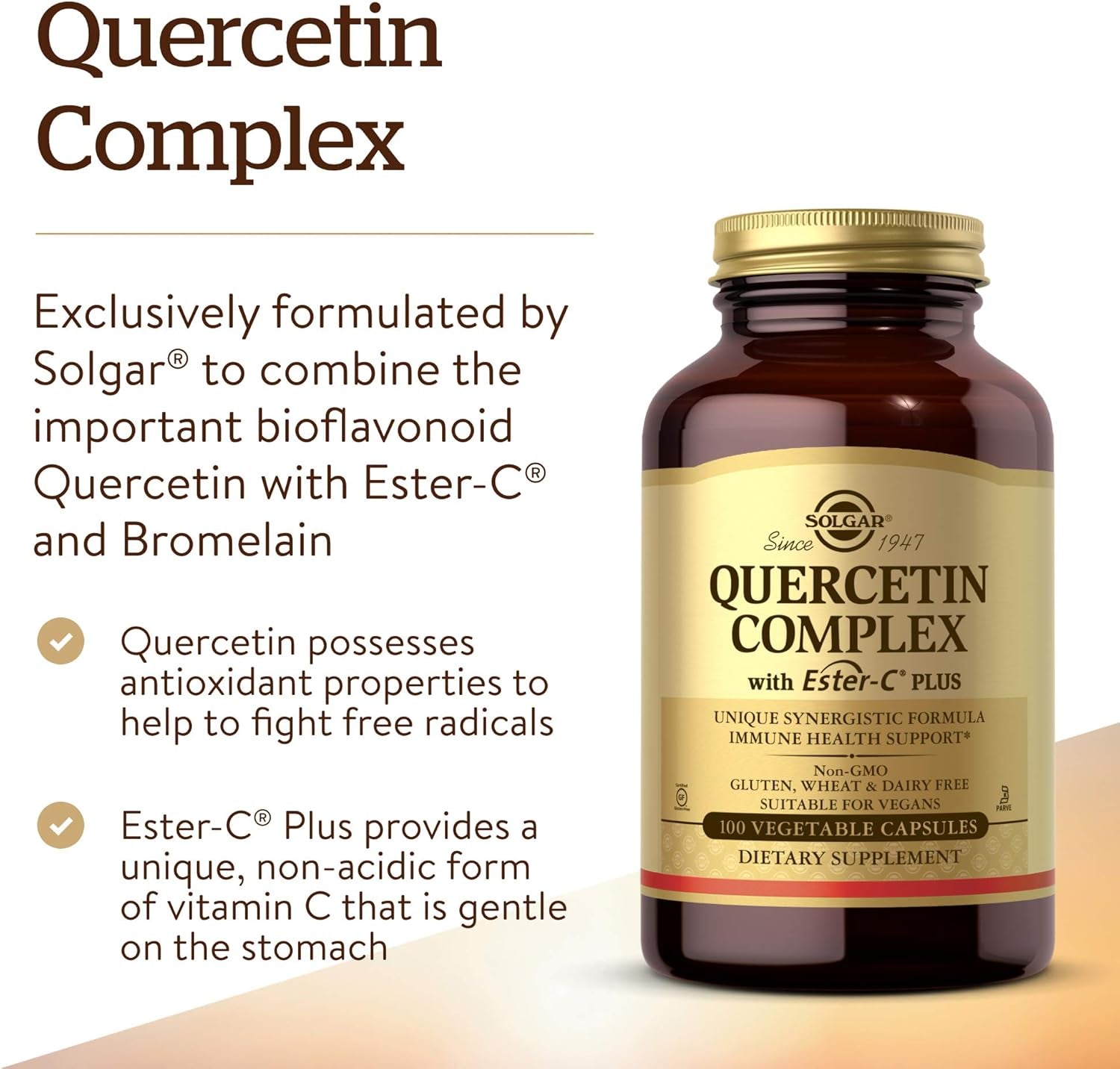 Solgar Quercetin Complex with Ester-C Plus, 100 Vegetable Capsules - Supports Immune Health, Antioxidant - Gentle on the Stomach Vitamin C - Non-Gmo, Vegan, Gluten/Dairy Free - 50 Servings