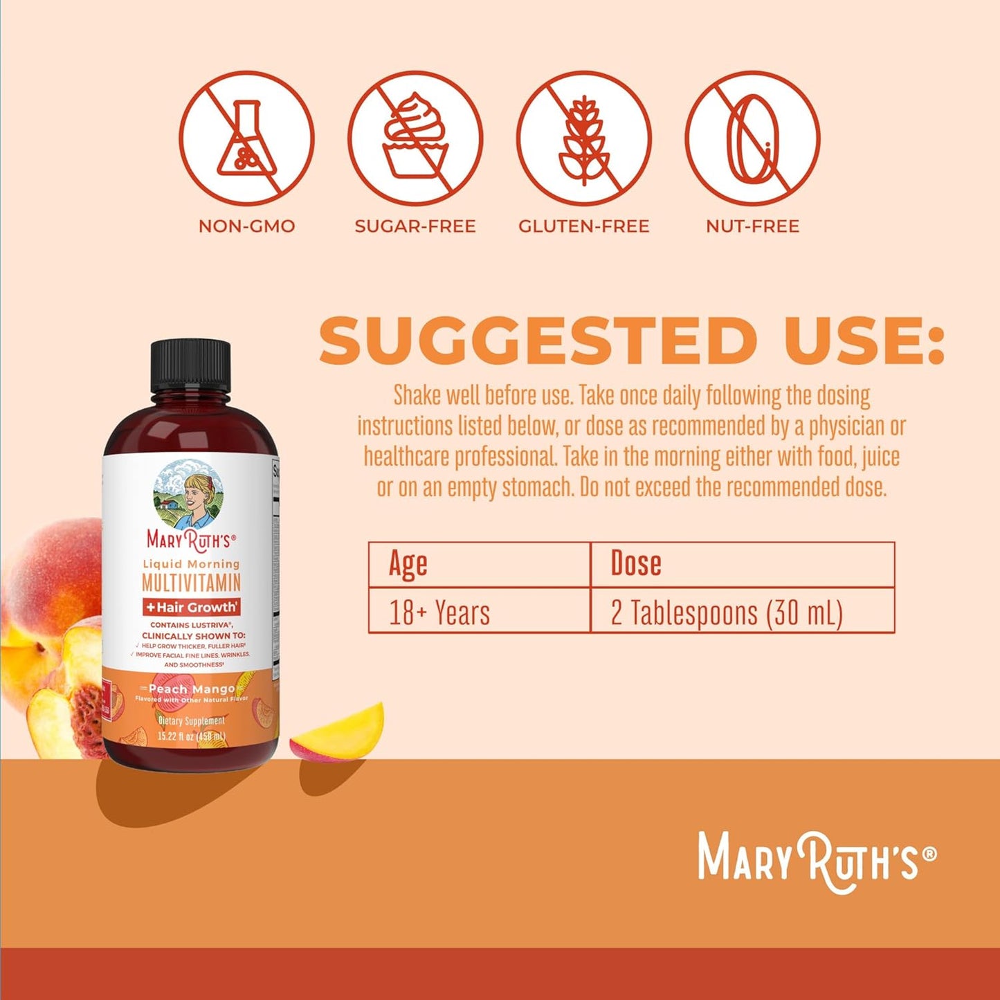 Maryruth Organics Liquid Multivitamin+Hair Growth | Biotin 10000Mcg | Lustriva Hair Growth Supplement | Clinically Tested in Women for Thicker Hair&Facial Wrinkle | Skin Care | Ages 18+ | 15.22 Fl Oz