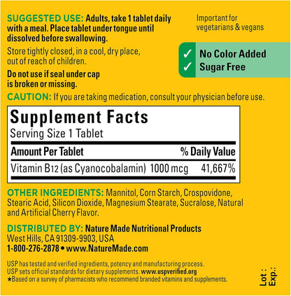 Nature Made Vitamin B12 1000 Mcg, Easy to Take Vitamin B12 Sublingual Tablets for Energy Metabolism Support, 150 Sugar Free Fast Dissolve Tablets, 150 Day Supply