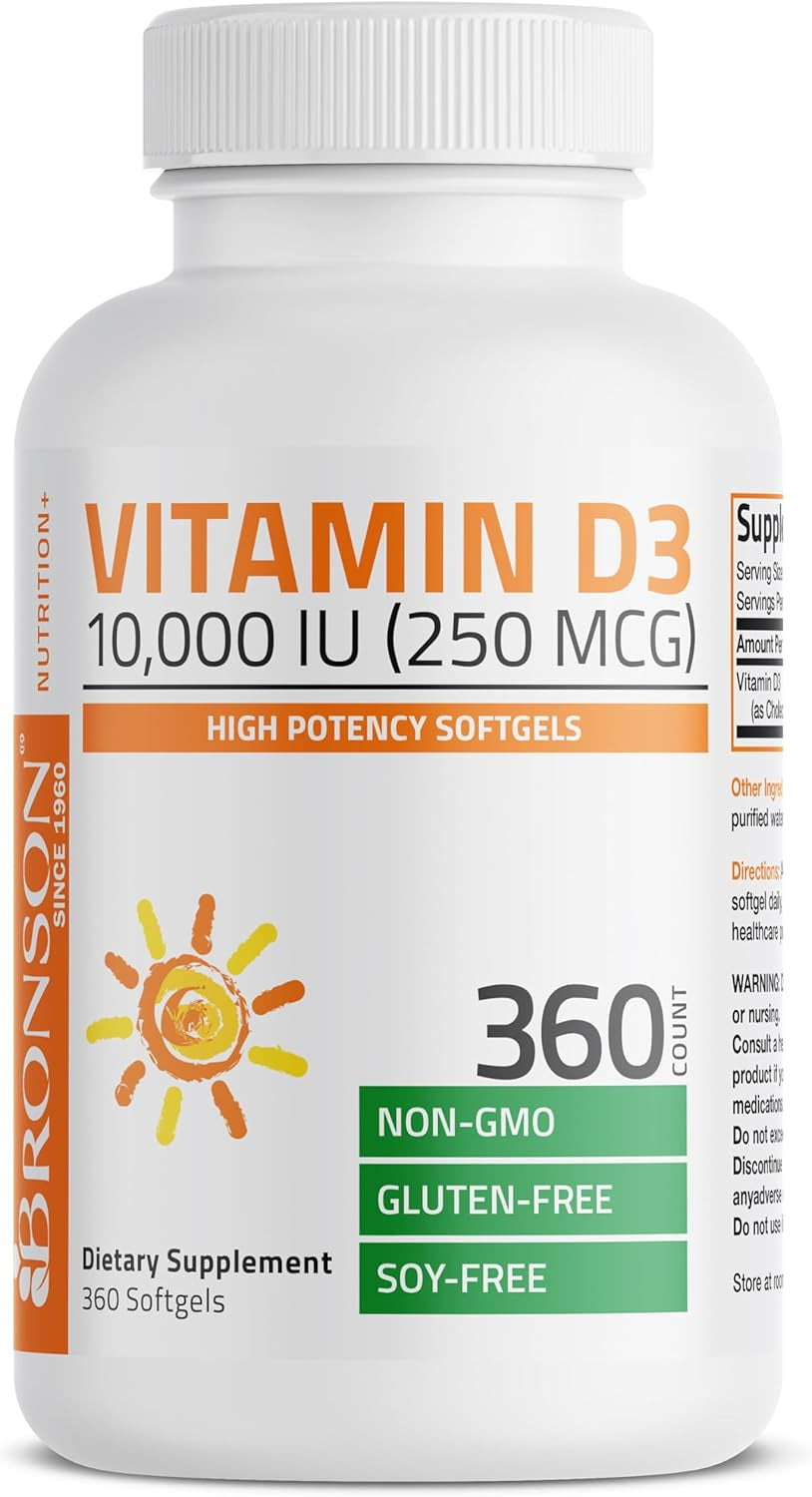 Bronson Vitamin D3 10,000 IU (250 Mcg) High  - Supports Healthy Immune System, Strong Bones, Muscles & Teeth - Non GMO, 360 Softgels (1 Year Supply)