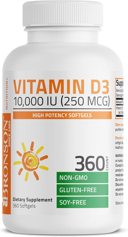 Bronson Vitamin D3 10,000 IU (250 Mcg) High  - Supports Healthy Immune System, Strong Bones, Muscles & Teeth - Non GMO, 360 Softgels (1 Year Supply)