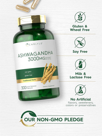 Carlyle Ashwagandha Supplement for Women and Men | 3000Mg | 300 Capsules | Herb Root Extract with Black Pepper | Non-Gmo and Gluten Free