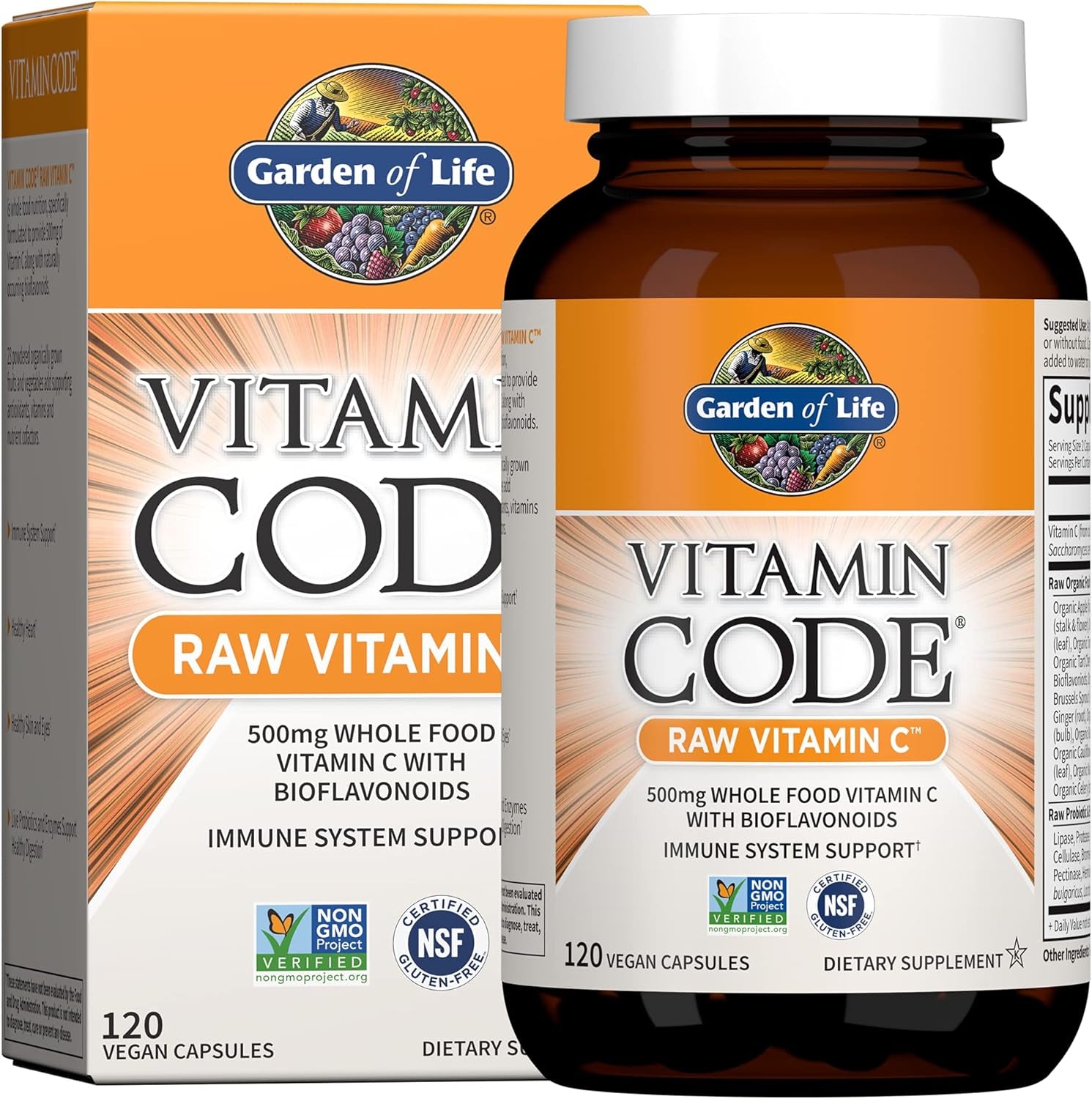 Garden of Life Vitamin Code Raw Vitamin C - 120 Capsules, 500Mg Whole Food Vitamin C Capsules + Fruit & Veggie Blend & Probiotics, Supplements for Adults, Vegan, Gluten Free