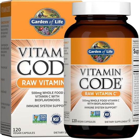 Garden of Life Vitamin Code Raw Vitamin C - 120 Capsules, 500Mg Whole Food Vitamin C Capsules + Fruit & Veggie Blend & Probiotics, Supplements for Adults, Vegan, Gluten Free
