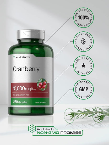 Horbäach Cranberry Pills + Vitamin C | 15,000Mg | 250 Capsules | Non-Gmo and Gluten Free Supplement from Concentrate Extract