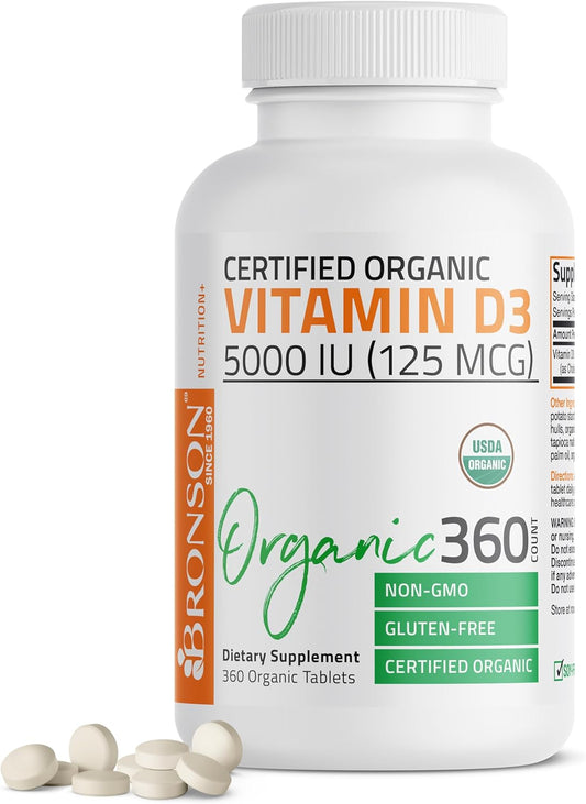 Bronson Vitamin D3 5,000 IU (125 Mcg) Certified Organic High  Non-Gmo Vitamin D Supplement, 360 Tablets