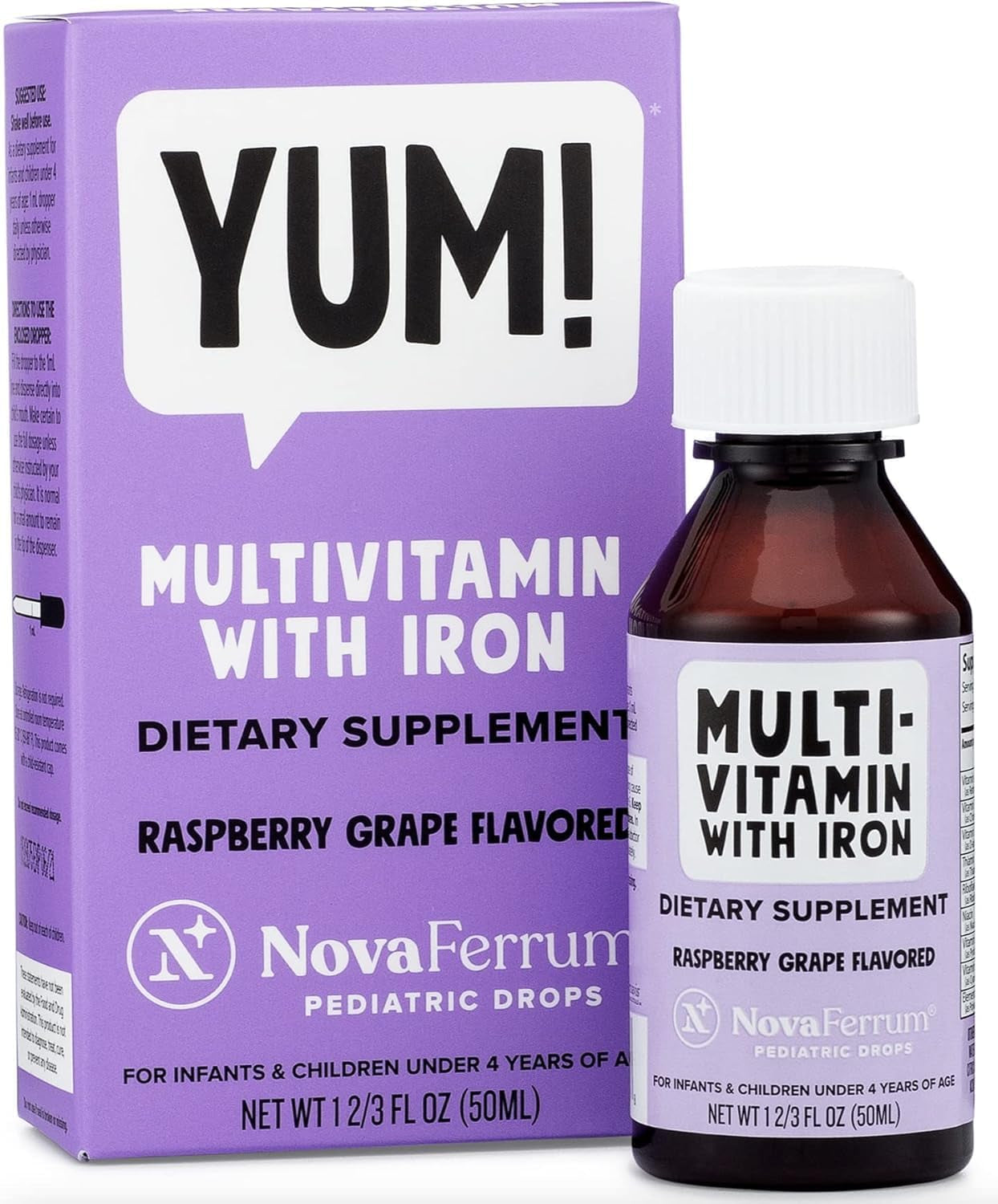 Novaferrum Yum | Multivitamin with Iron for Infants, Toddlers & Kids Ages 4 & under | Immune Support | Gluten Free Certified | Sugar Free | Raspberry Grape | 50 Servings