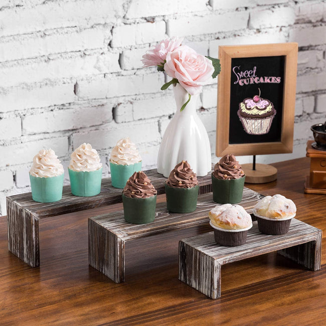 Tabletop Torched Wood Nesting Decorative Display Riser Stands, Set of 3