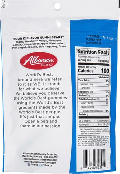 Albanese World'S Best Sour 12 Flavor Gummi Bears , 8Oz Bag of Candy Case of 12