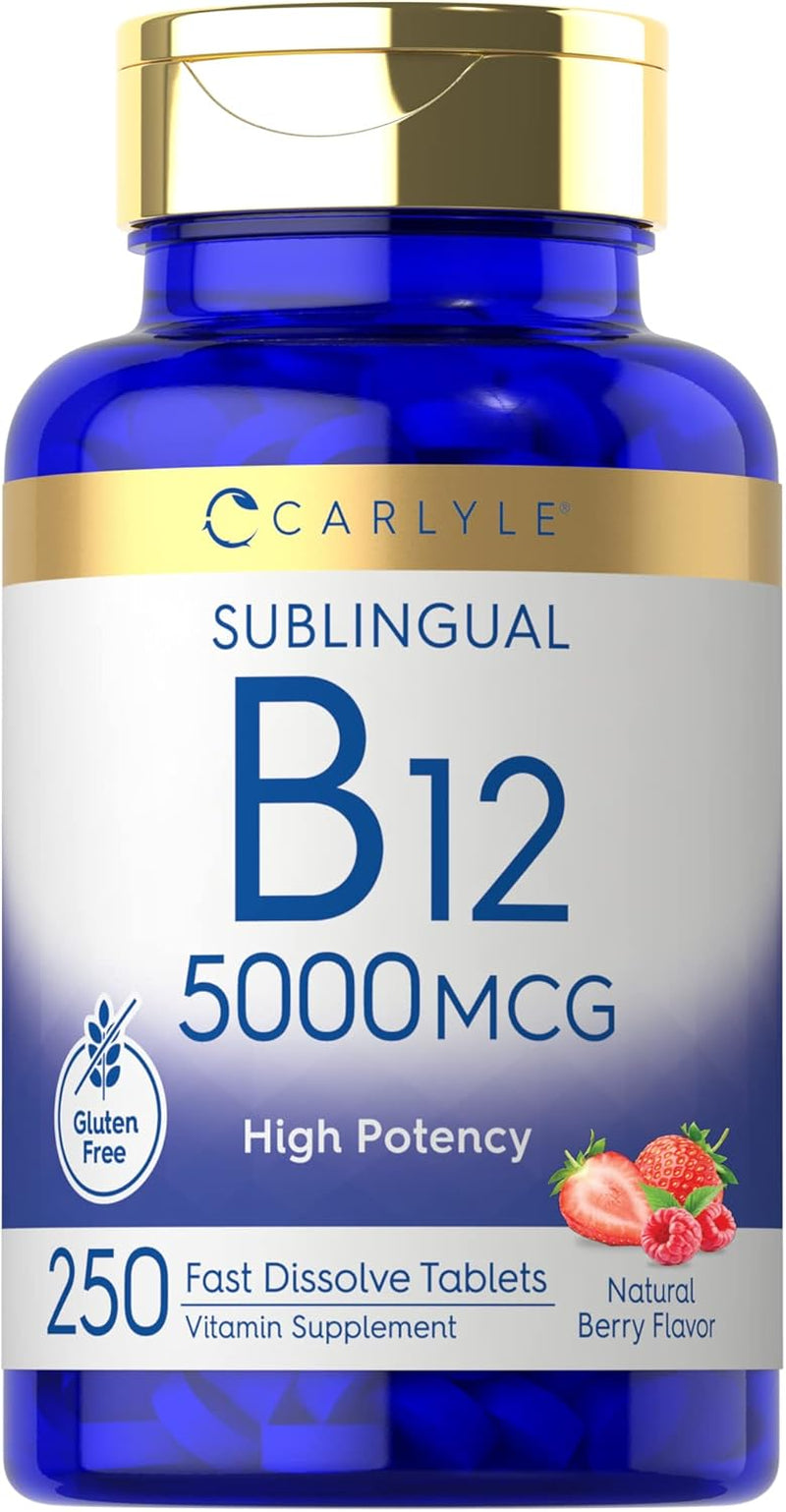 Carlyle B12 Vitamin 5000 Mcg Sublingual | 250 Fast Dissolve Tablets | High  | Natural Berry Flavor | Vegetarian, Non-Gmo & Gluten Free