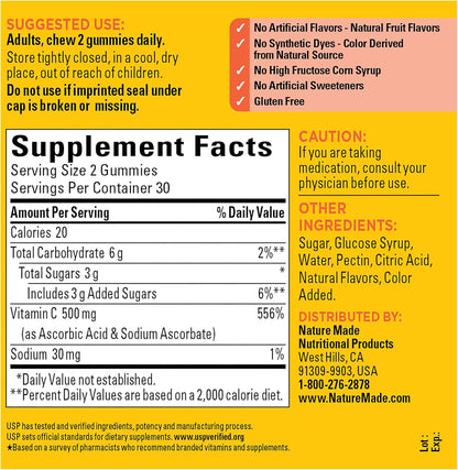 Nature Made Extra Strength Dosage Vitamin C 500 Mg per Serving, Dietary Supplement, Vitamin C Gummies for Immune Support, 60 Gummies, 30 Day Supply