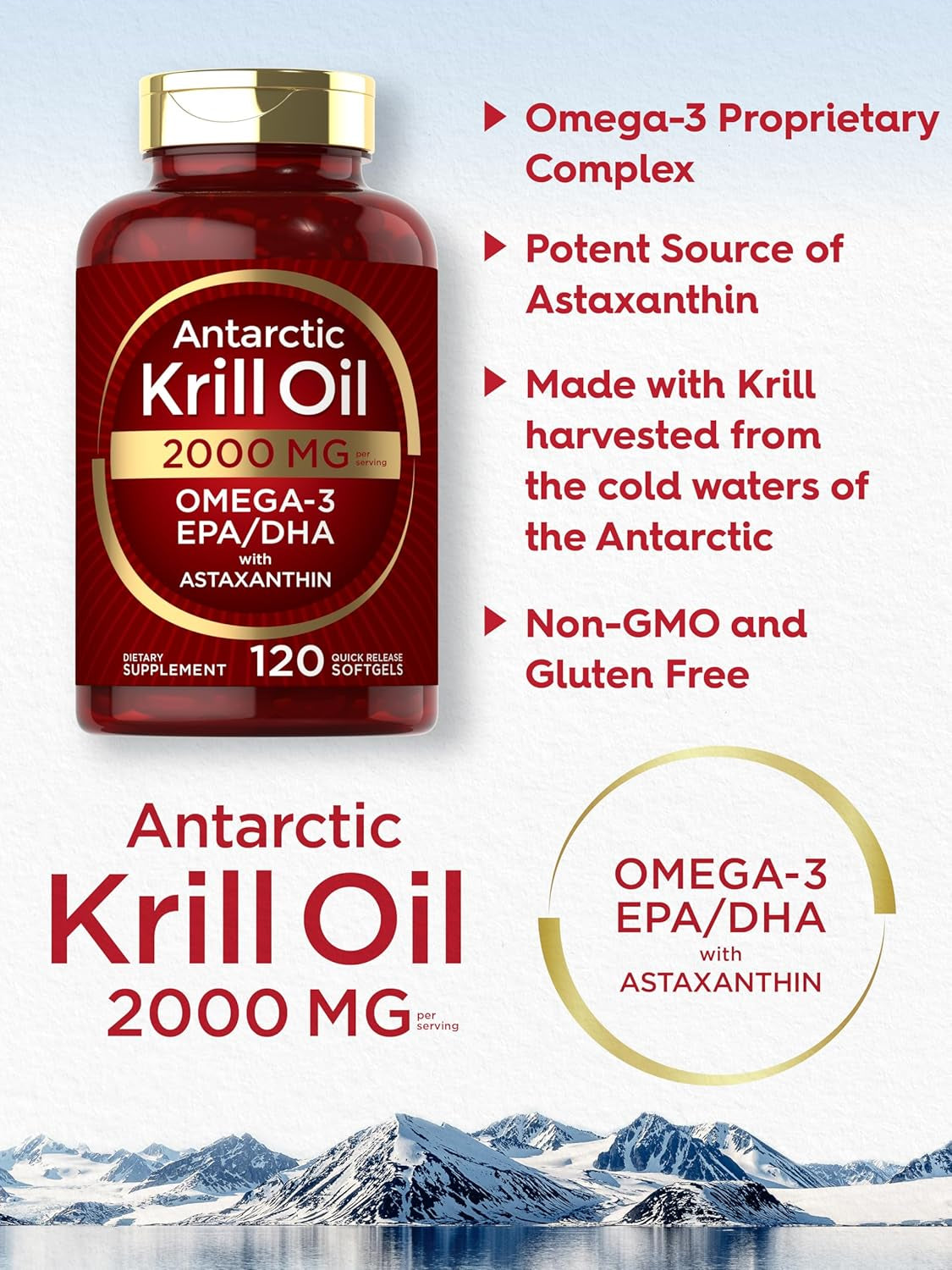Carlyle Antarctic Krill Oil 2000 Mg 120 Softgels | Omega-3 EPA, DHA, with Astaxanthin Supplement Sourced from Red Krill | Maximum Strength | Laboratory Tested