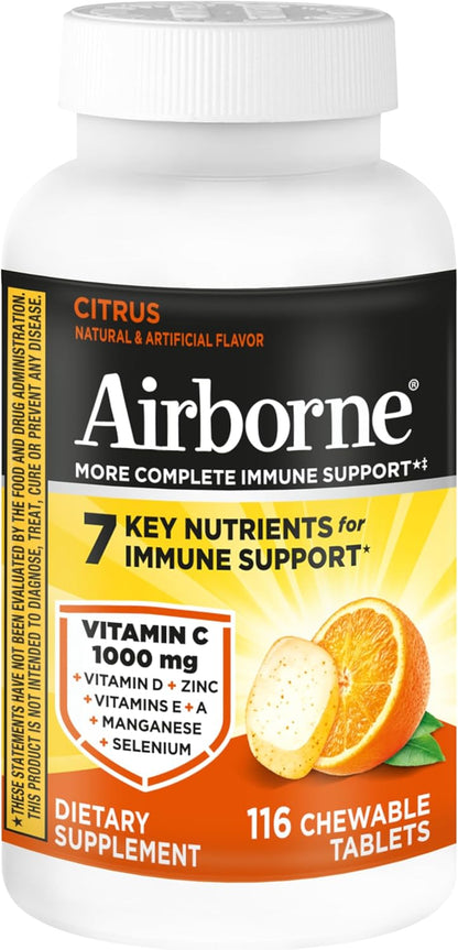 Airborne Vitamin C 1000Mg (Per Serving) - Citrus Chewable Tablets (116 Count in a Bottle), Gluten-Free Immune Support Supplement, with Vitamins a C E, Zinc, Selenium, Echinacea, Ginger, Antioxidants