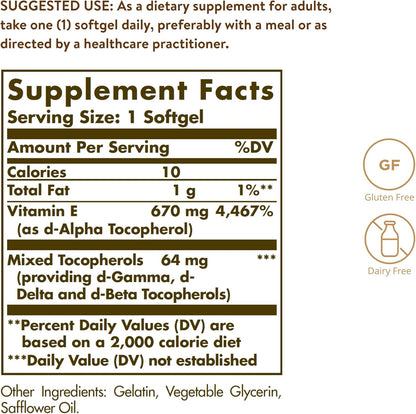 Solgar Vitamin E 670 Mg (1000 IU), 100 Mixed Softgels - Natural Antioxidant, Skin & Immune System Support - Naturally-Sourced Vitamin E - Gluten Free, Dairy Free - 100 Servings