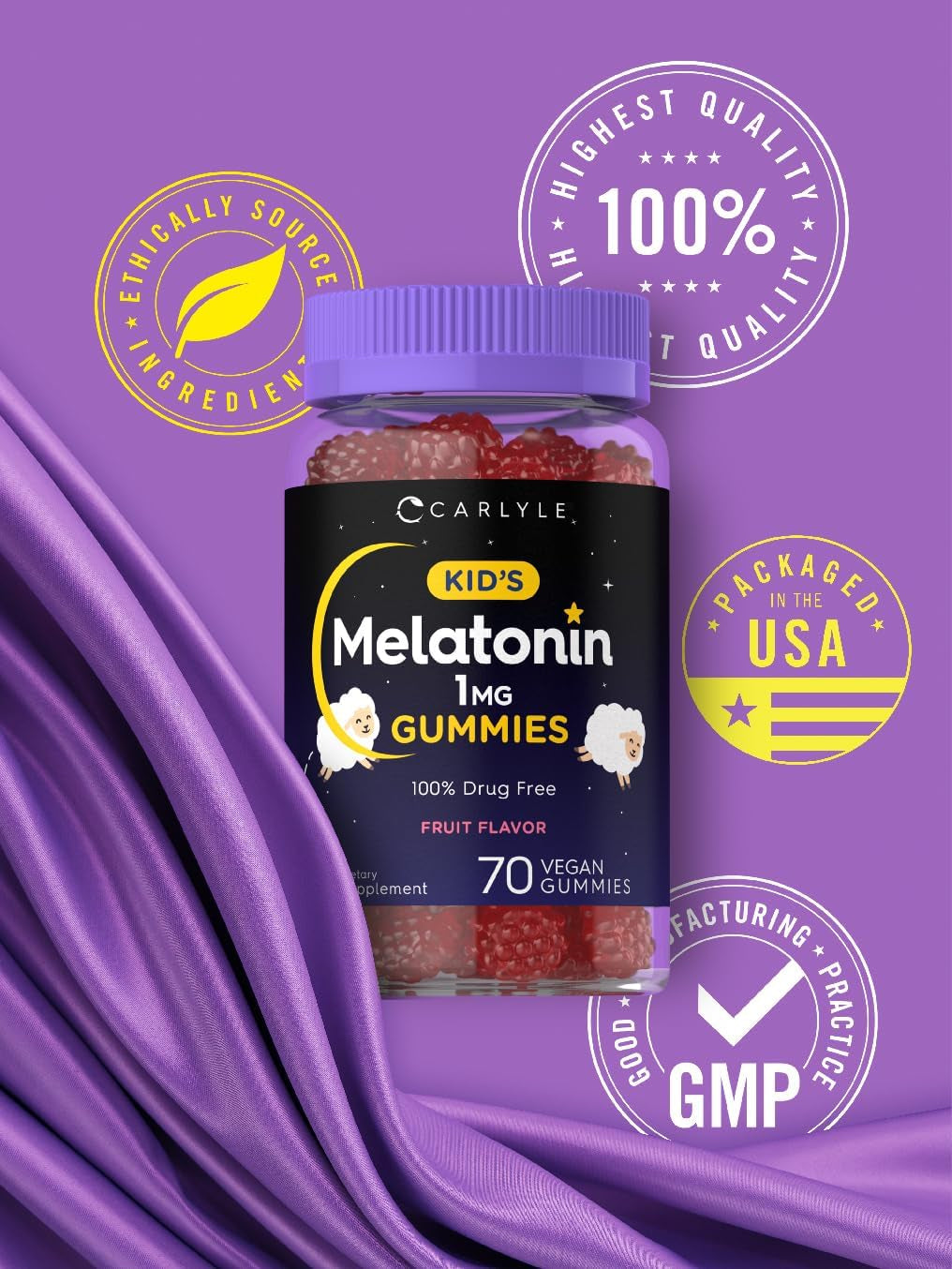 Carlyle Kids Melatonin Gummies | 1 Mg 70 Count | Fruit Flavor Gummy | Vegan, Non-Gmo, Gluten Free