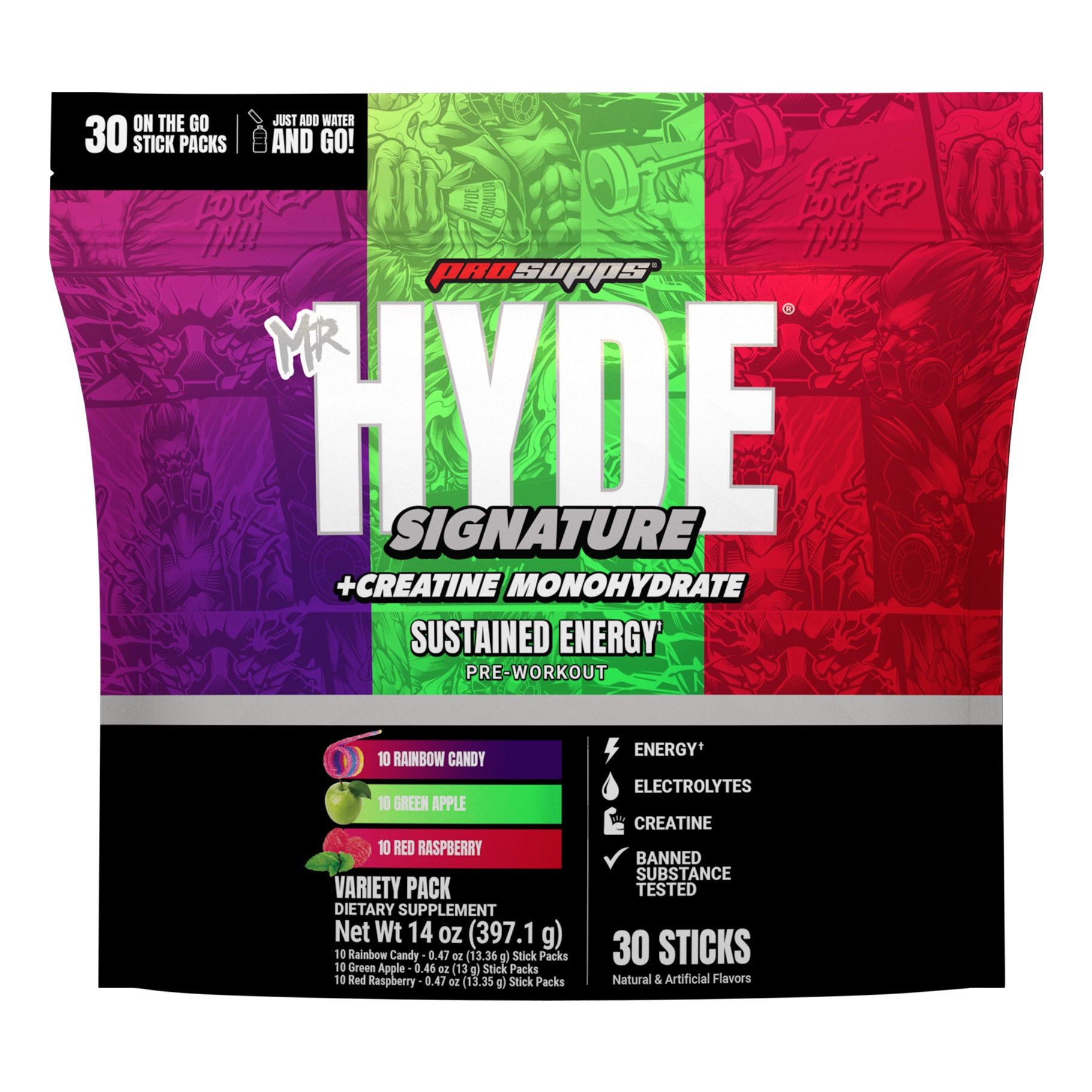 Mr. HYDE Signature Pre-Workout On-The-Go, 30 Individual Serving Stick Packs, Variety Pack