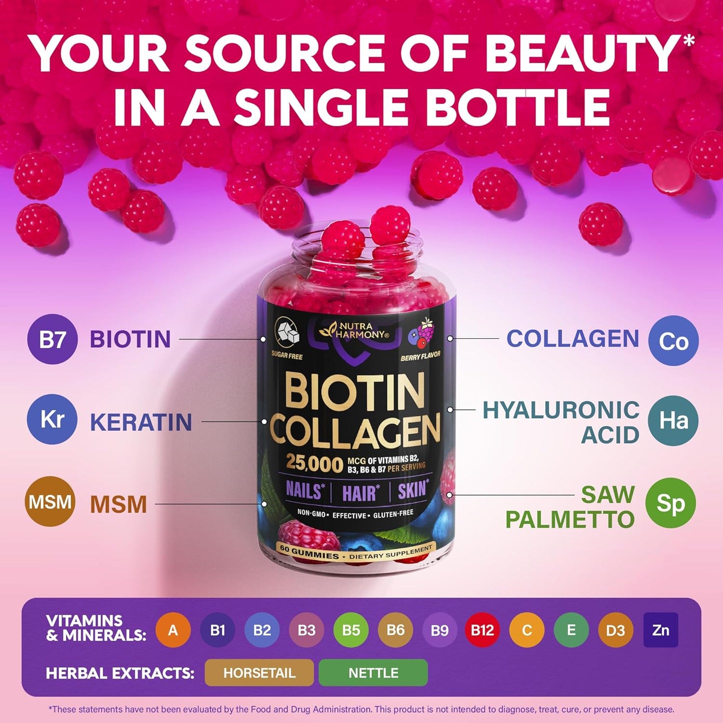Biotin Gummies with Collagen - Hair Growth Support Skin, & Nail Strength - for Women & Men - Biotin 10000Mcg | Keratin | Hyaluronic Acid | B-Complex | Saw Palmetto - Sugar-Free, Mixed Berry - 60 Gummy