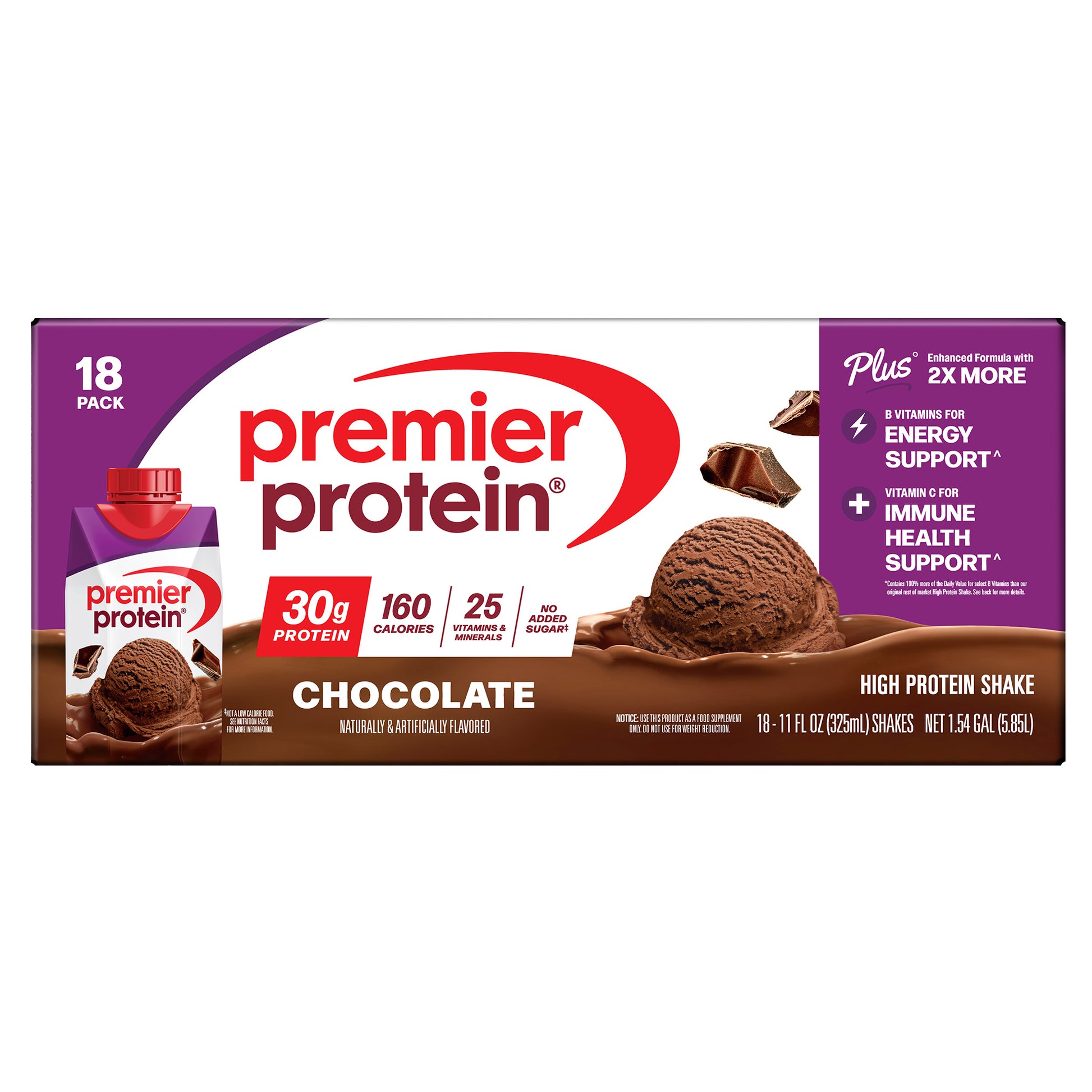 Premier 30G Protein plus Energy and Immune Support Shakes, Chocolate, 11 Fl Oz, 18-Pack