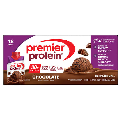 Premier 30G Protein plus Energy and Immune Support Shakes, Chocolate, 11 Fl Oz, 18-Pack