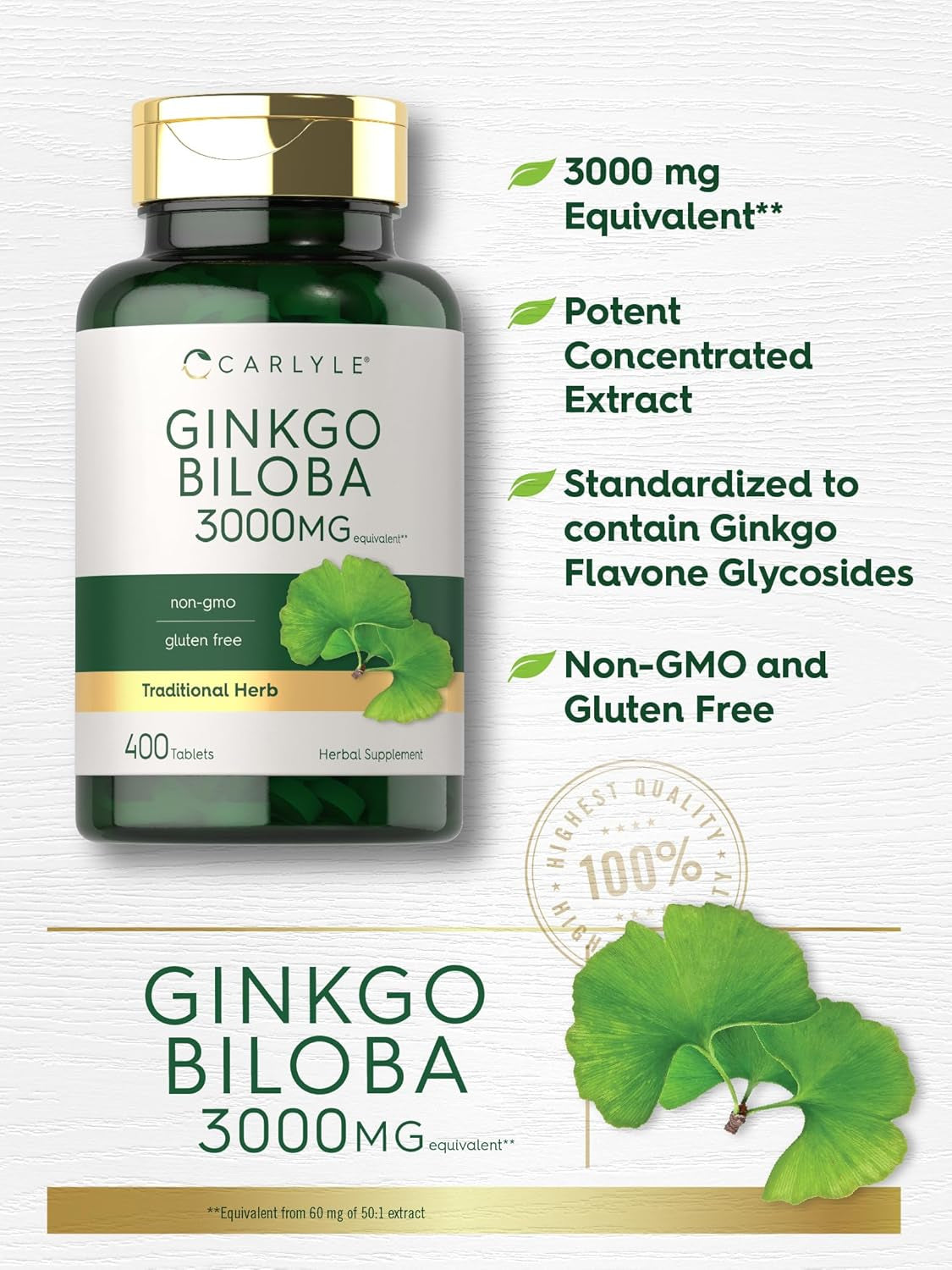 Carlyle Ginkgo Biloba 3000Mg | 400 Tablets | Non-Gmo, Gluten Free Herbal Supplement