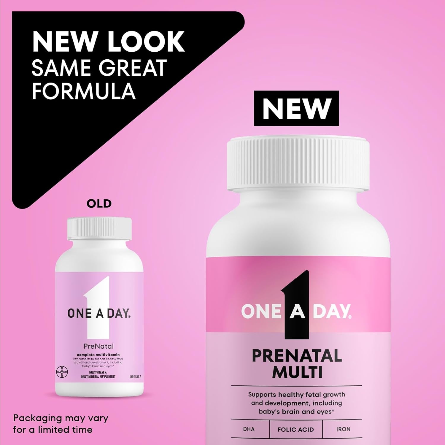 One a Day Prenatal Vitamins- Folic Acid, Iron, Omega- 3 (DHA), Pregnancy Vitamins for Women, Prenatal Multivitamin for Mom and Baby Support, Pregnancy Must Haves 90 Ct (Packaging May Vary)