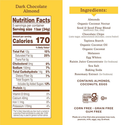 Simple Mills Almond Flour Breakfast Bars, Dark Chocolate Almond - Gluten Free, Made with Coconut Oil, Chia Seeds, Sunflower Seeds, Flax Seeds, Healthy Snacks, 6 Oz. (Pack of 1)