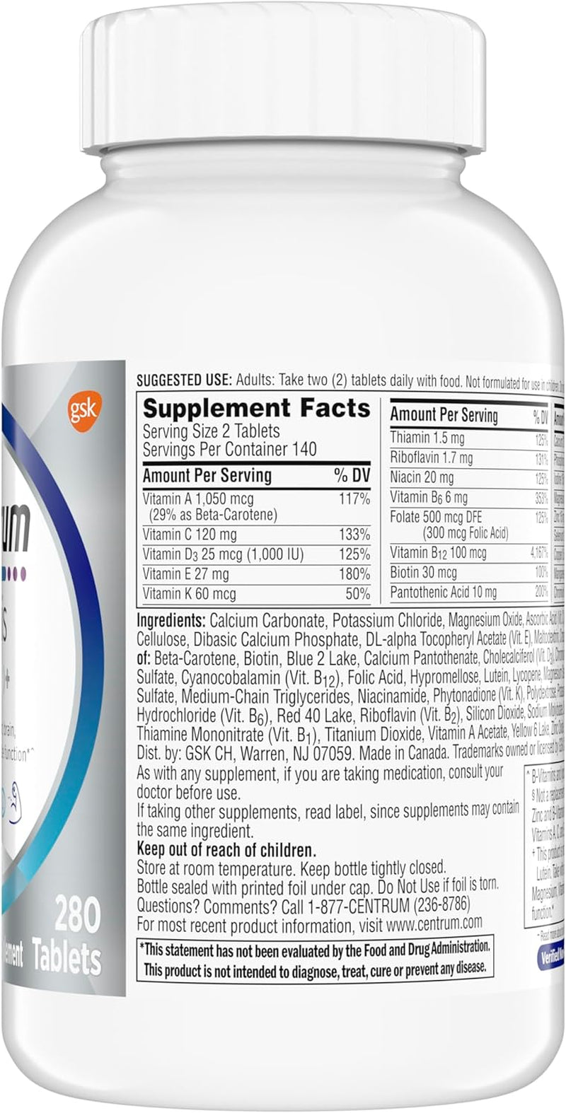 Centrum Minis Silver Multivitamin for Men 50 Plus, Multivitamin/Multimineral Supplement, Vitamin D3, B-Vitamins and Zinc, Non-Gmo Ingredients, Supports Memory and Cognition in Older Adults - 280 Ct