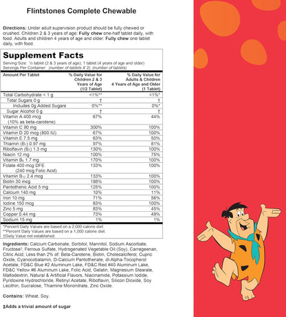 Flintstones Chewable Kids Vitamins, Complete Multivitamin for Kids and Toddlers with Iron, Calcium, Vitamin C, Vitamin D & More, 180Ct
