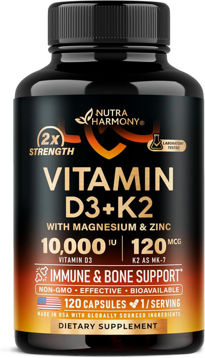 Vitamin D3 K2 - Vitamin D3 10000 Iu & K2 as MK-7 120 Mcg - Immune & Mood Support, for Bone & Teeth Health - with Magnesium, Zinc & Vitamin C & B12 - Highly Bioavailable - Made in USA, 120 Capsules