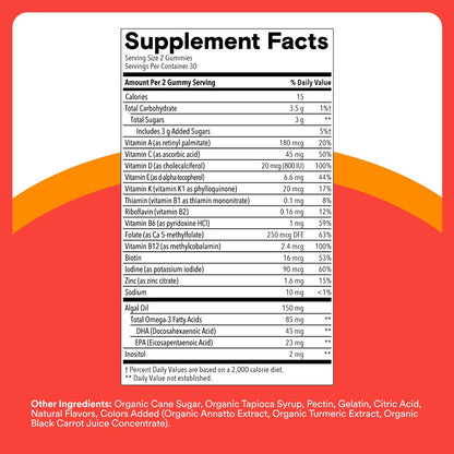 Smartypants Kids Multivitamin Gummies - Improved Formula: Omega 3 (DHA/EPA), Vitamins D3, C, B12, B6, Vitamin A, K & Zinc, Gluten Free, Three Fruit Flavors, 60 Count (30 Day Supply)