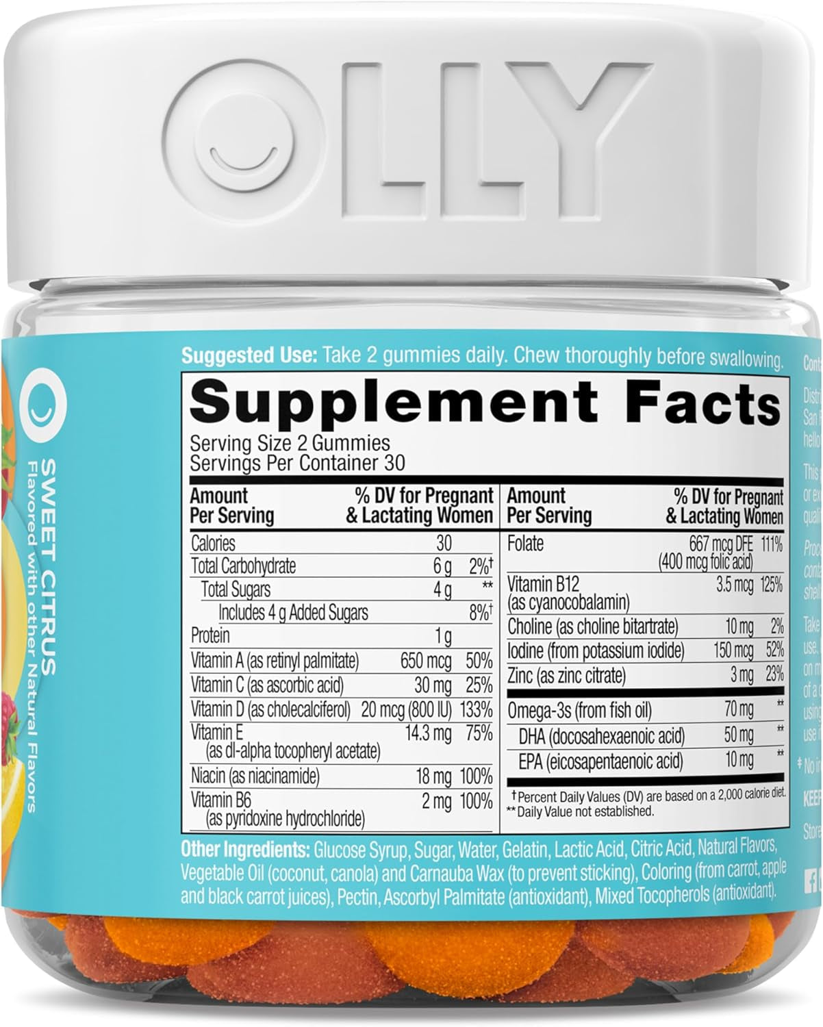 OLLY Prenatal Multivitamin Gummy, Supports Healthy Growth and Brain Development, Folic Acid, Vitamin D, Omega 3 DHA, Chewable Supplement, Citrus Berry Flavor, 30 Day Supply - 60 Count