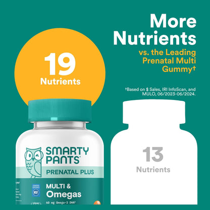 Smartypants Prenatal Multivitamin Gummies - Improved Formula: Omega 3 (DHA/EPA), Methylfolate, Biotin, Vitamin D3, C, Vitamin B12, B6, Vitamin A, K & Zinc, Gluten Free, 90 Count (30 Day Supply)